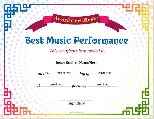 Music Performance Award Certificate – Professional Certificate Templates