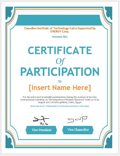 Certificate Of Participation Template Word from certificatesinn.com