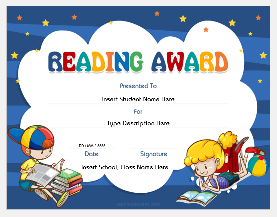 reading certificate templates for kids