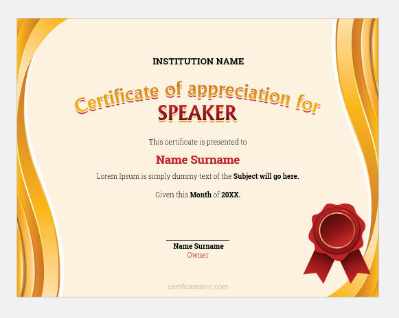 Certificate of appreciation for speaker