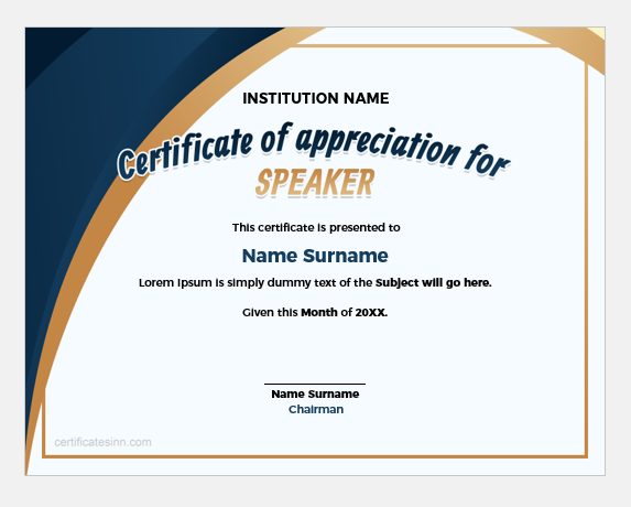 Certificate of Appreciation for Speaker Edit Text Print