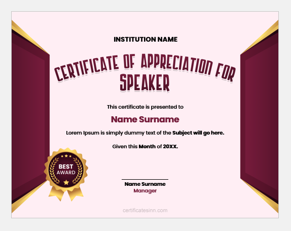 Certificate of appreciation for speaker
