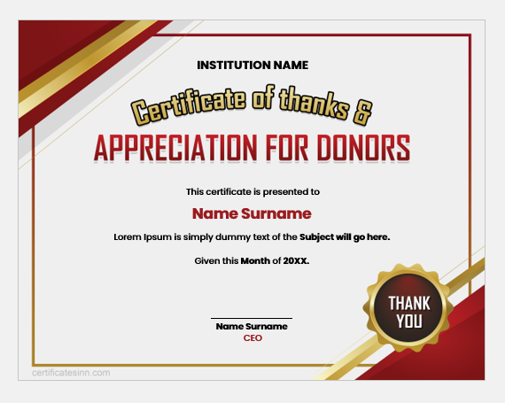 Certificate of thanks and appreciation for donor