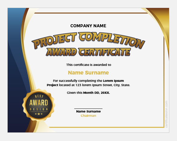 Project completion award certificate