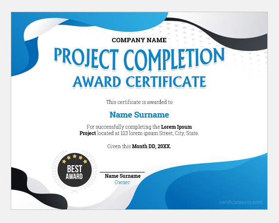 Project Completion Award Certificate Templates Editable