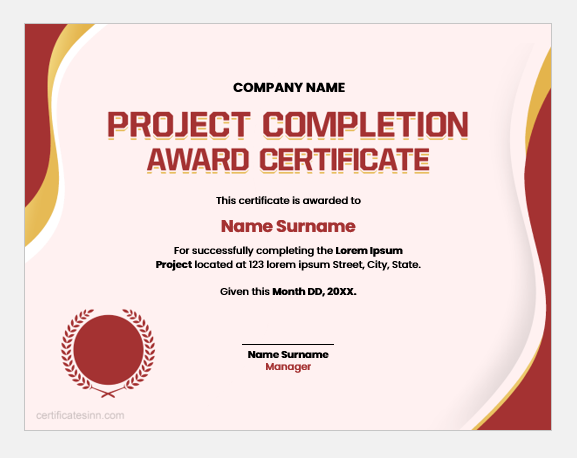 Project completion award certificate