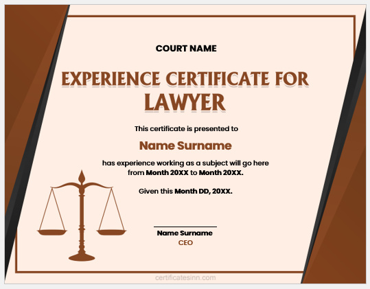 Experience certificate for lawyer