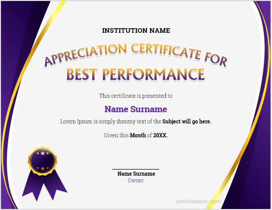Appreciation certificate for best performance
