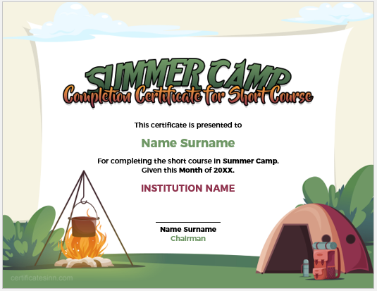 Summer camp completion certificate for short course