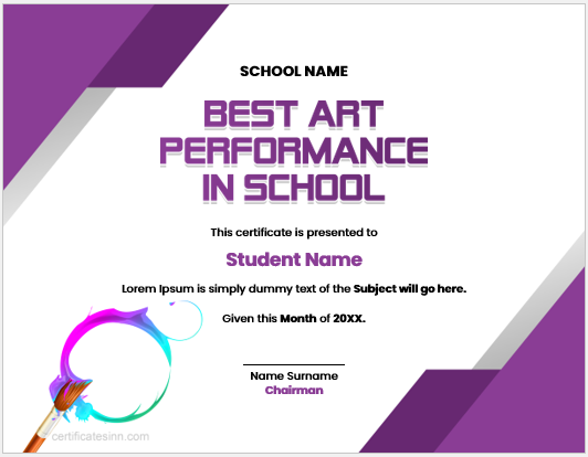 Best art performance in school certificate