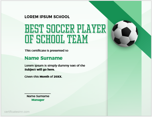 Best Soccer Player of the School Team Certificate