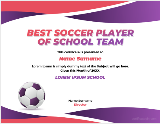 Best Soccer Player of the School Team Certificate