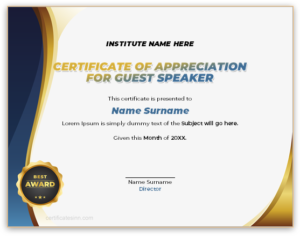 Certificate of appreciation for guest speaker