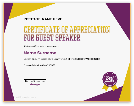 Certificate of appreciation for guest speaker