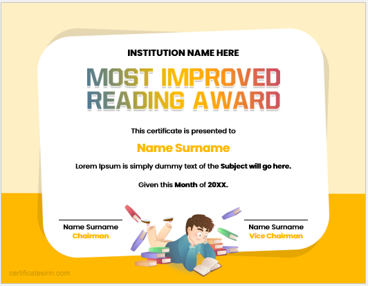 Most improved reading award certificate