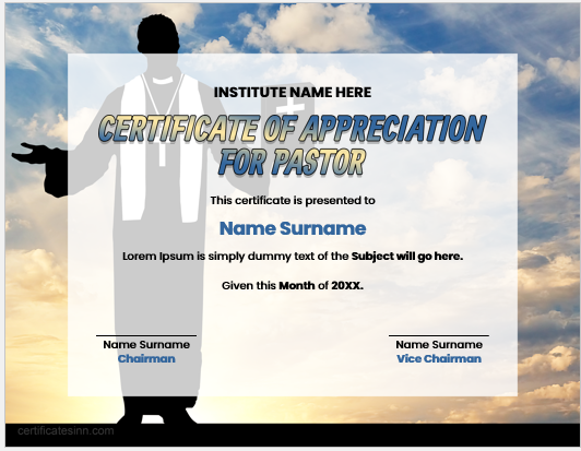 Certificate of Appreciation for Pastor Download Edit Print