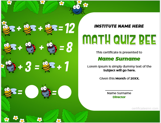 Math QUIZ bee certificate