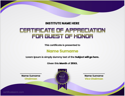 Certificate of appreciation for guest of honor