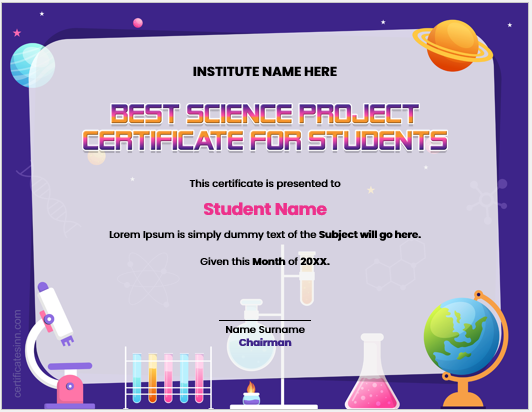 Best science project certificate for students