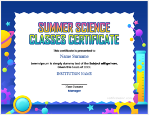 Summer science classes certificate template