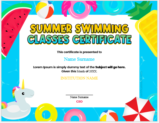 Summer swimming classes certificate template