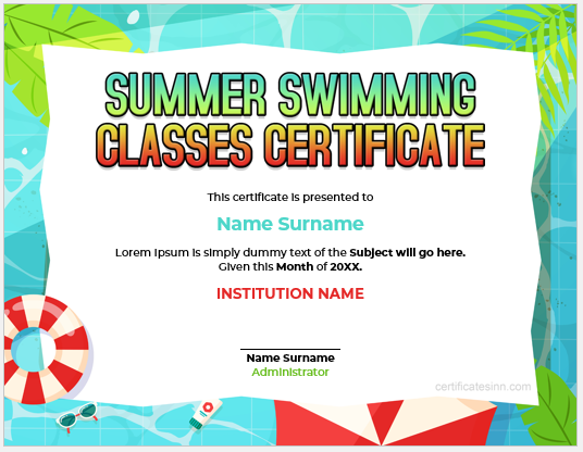 Summer swimming classes certificate template