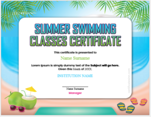 Summer swimming classes certificate template