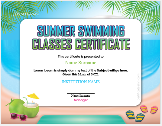 Summer swimming classes certificate template