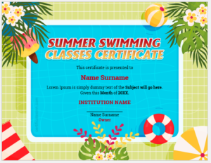Summer swimming classes certificate template