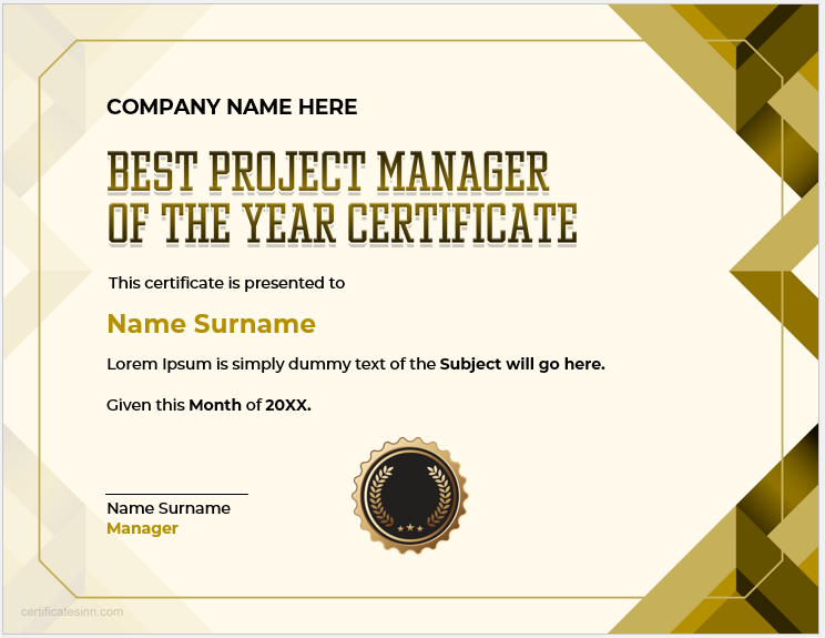 Project manager of the year certificate