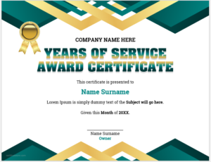 Years of Service Award Certificate Template