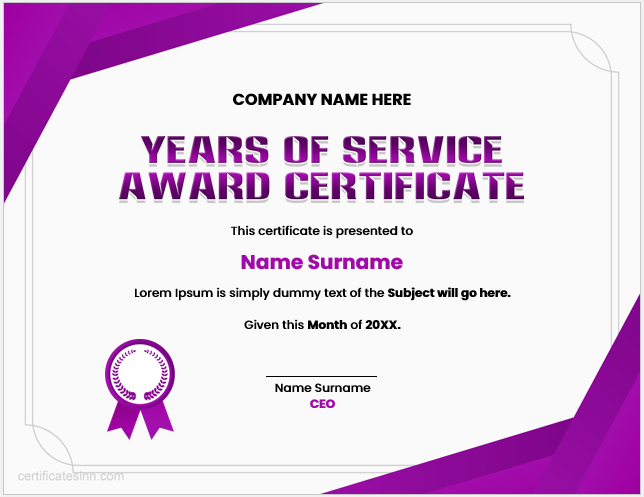 Years of Service Award Certificate Template