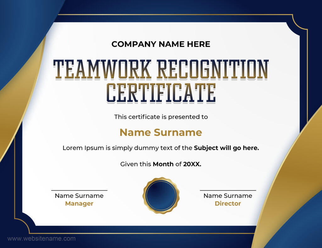 Teamwork recognition certificate template