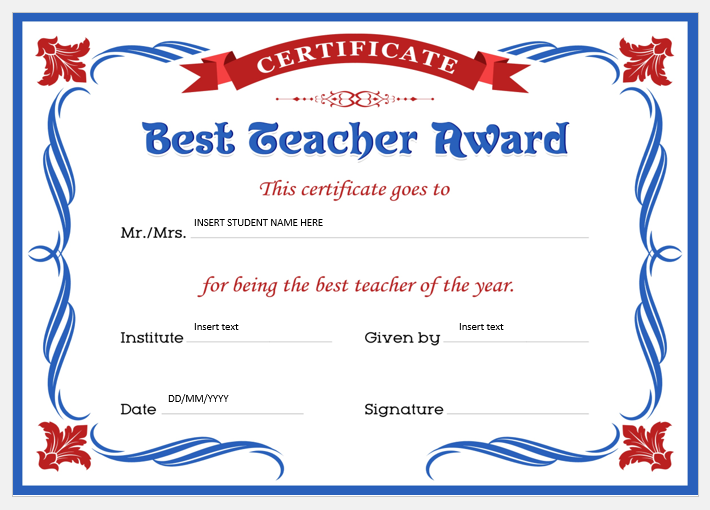 Best Teacher Award Certificates Professional Certificate Templates