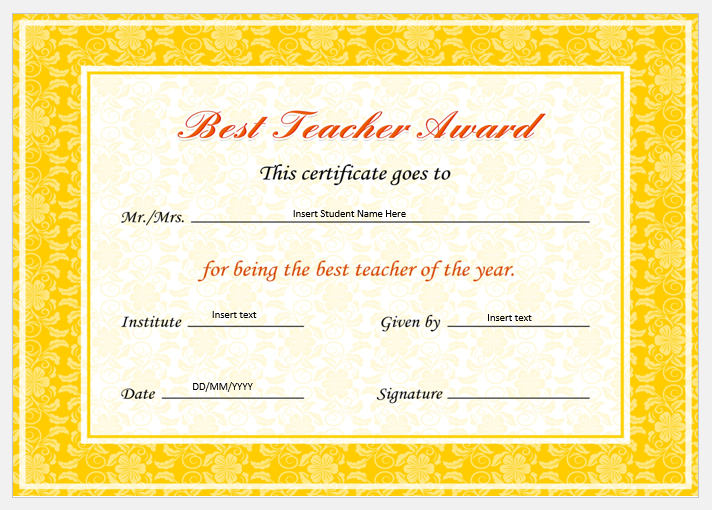 Printable Best Teacher Certificate Template Free Printable Certificate