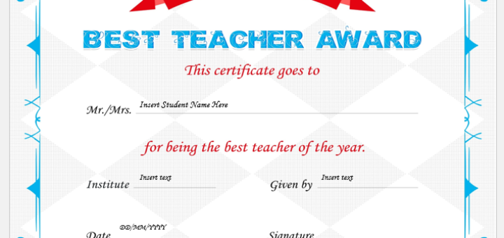Best Teacher Award Certificate