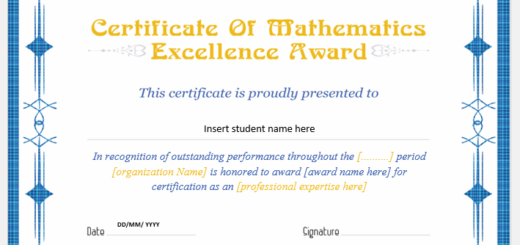 Mathematics Excellence Award Certificate