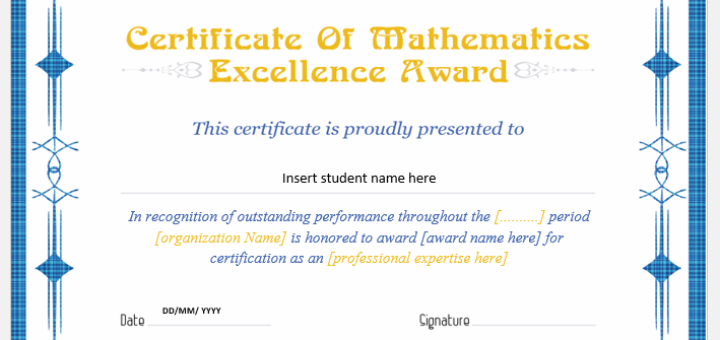 Mathematics Excellence Award Certificate