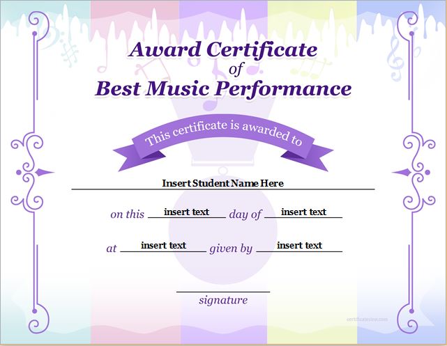 Best Music Performance Award Certificates | Professional Certificate ...