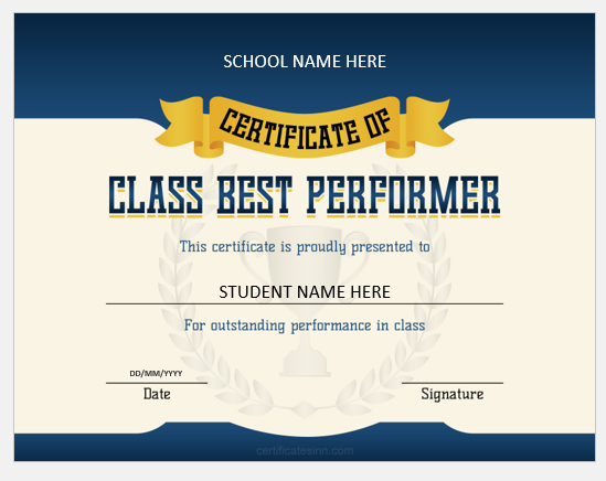 Class Best Performer Certificate Templates for Word Professional