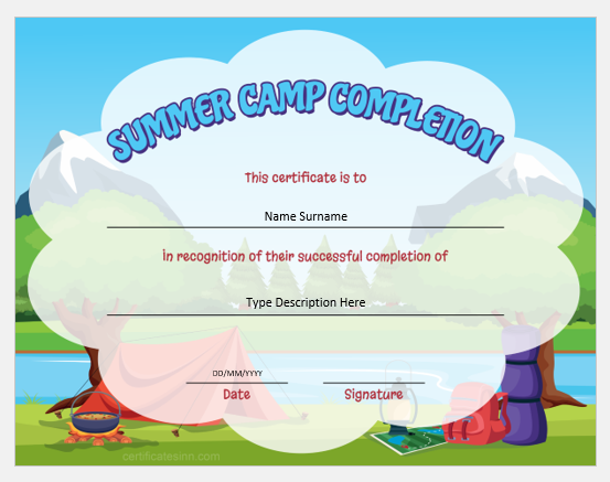 Summer Camp Completion Certificate