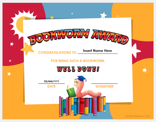Bookworm award certificate template