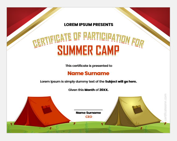 Certificate of participation for summer camp
