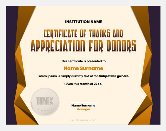 Certificate of thanks and appreciation for donor