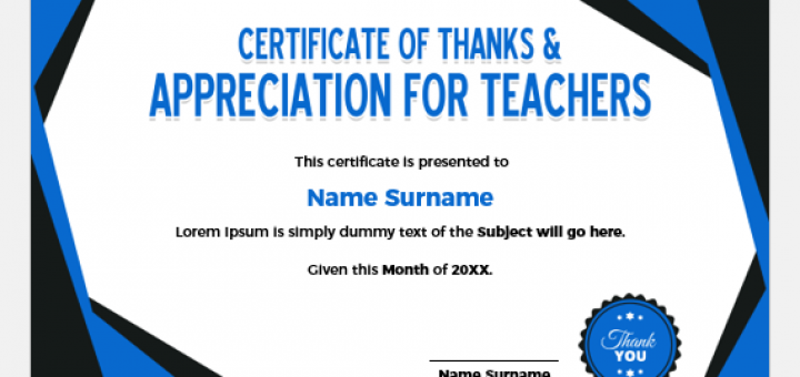 Certificate of thanks and appreciation for teachers