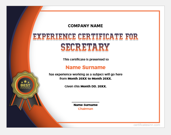 Experience certificate for secretary