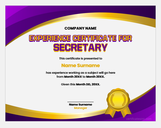 Experience certificate for secretary