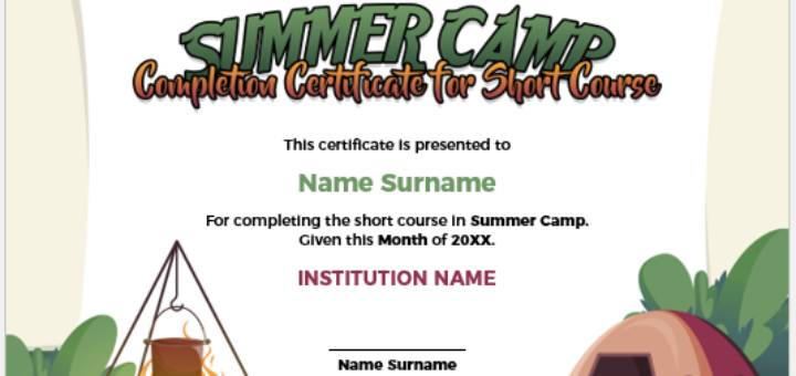 Summer camp completion certificate for short course