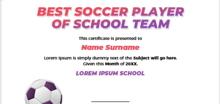 Best Soccer Player of the School Team Certificate