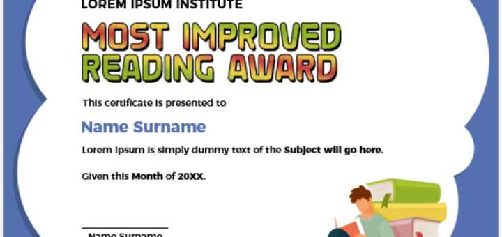 Most improved reading award certificate